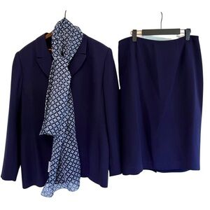 Le Suit Navy Blazer and Skirt Set with Patterned Scarf